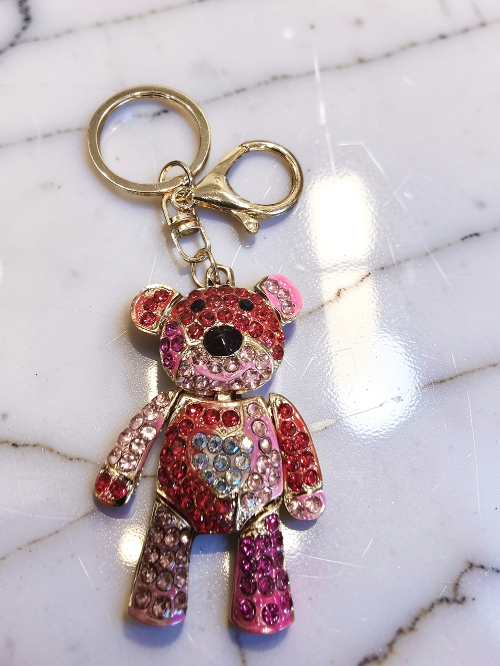 Gold-tone Pink and Red Crystal Teddy Bear Keychain